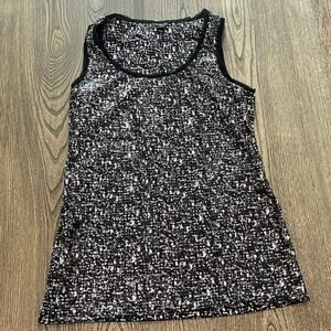 Ann Taylor Womens Mesh Sequin Tank Top Scoop Neck Pullover Black White Size M